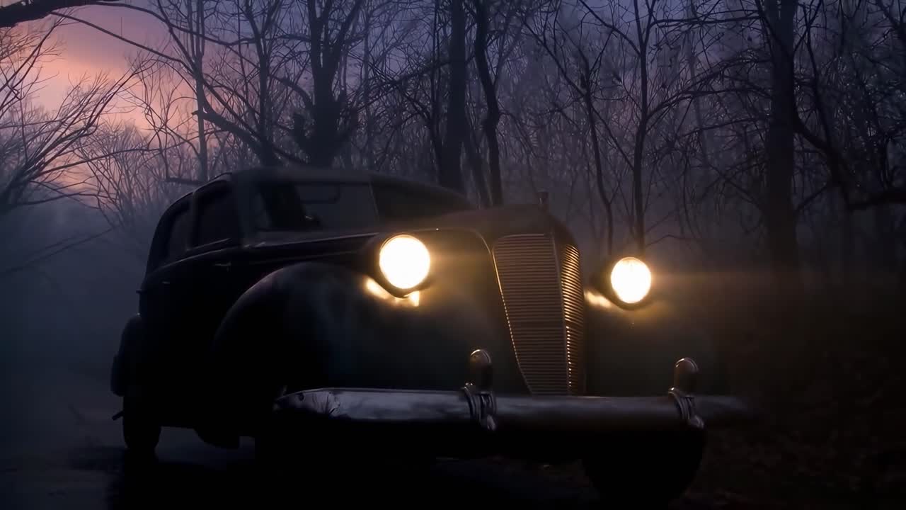 Oldtimer fährt durch nebligen Wald in der Dämmerung, aus niedriger Perspektive aufgenommen, kinoreifes Video.