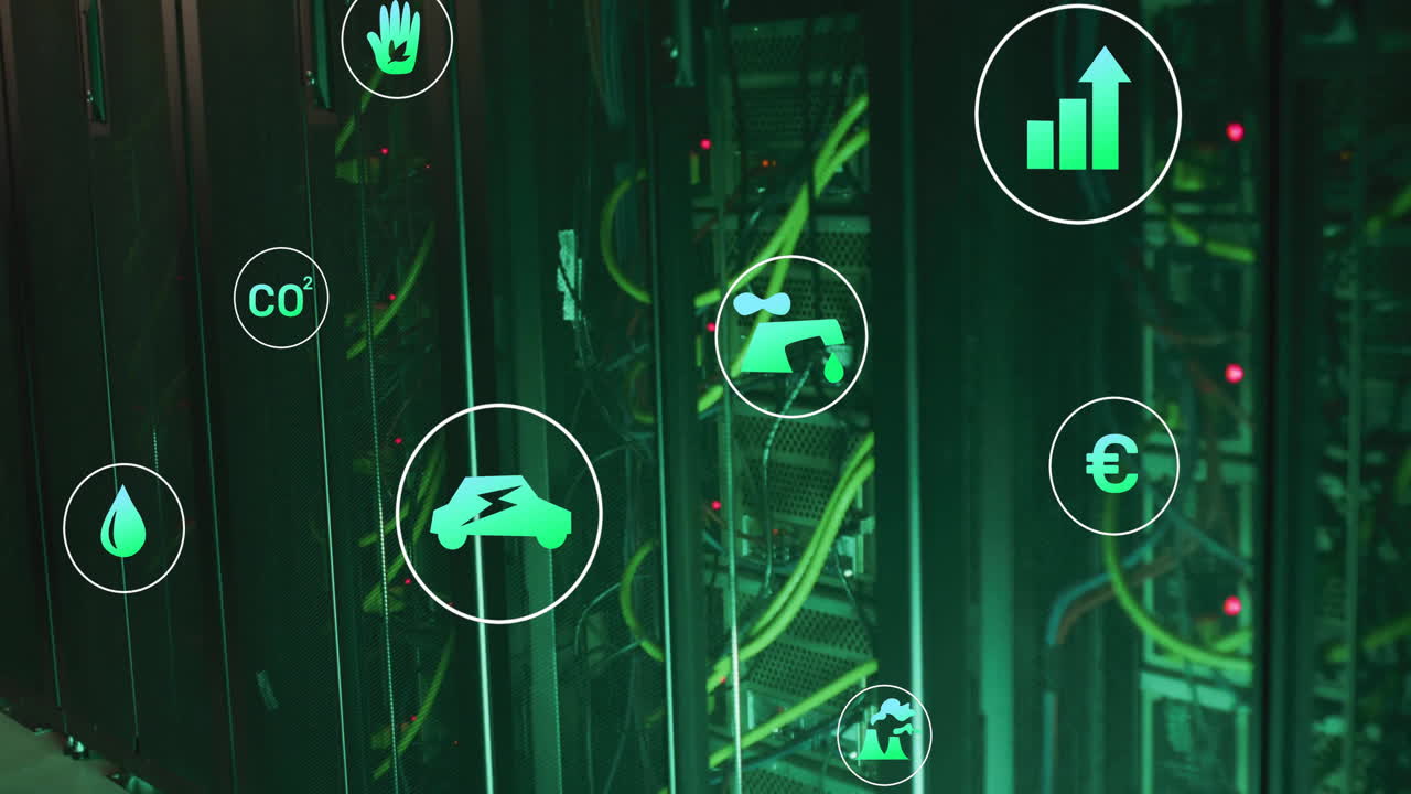 Animation of eco icons and digital data processing over computer servers