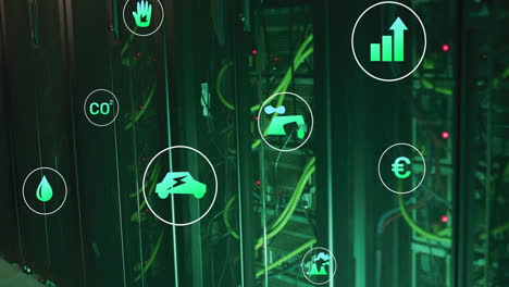 animation of eco icons and digital data processing over computer servers