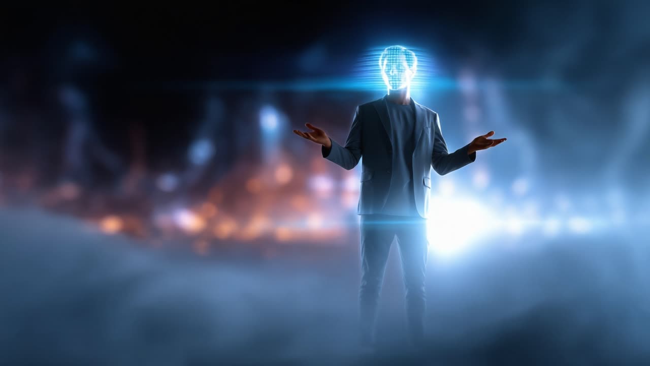 Una figura futuristica si erge con sicurezza in un paesaggio nebbioso, illuminata da un'aura luminosa, simboleggiando innovazione e illuminazione nell'era digitale.