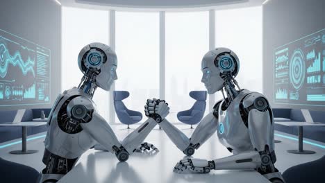 a fierce battle of strength and strategy unfolds between two advanced humanoid robots in a futuristic setting, showcasing the potential of artificial intelligence in competition.