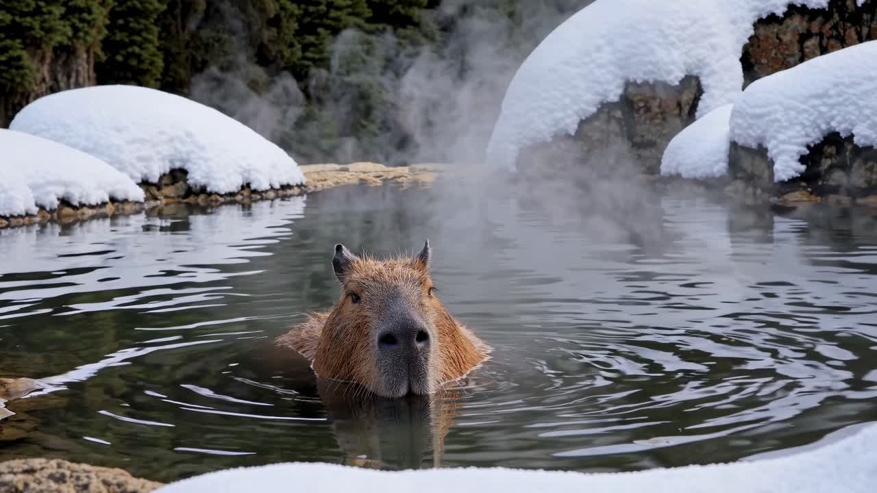A capybara relaxes in a steaming hot spring surrounded by snow