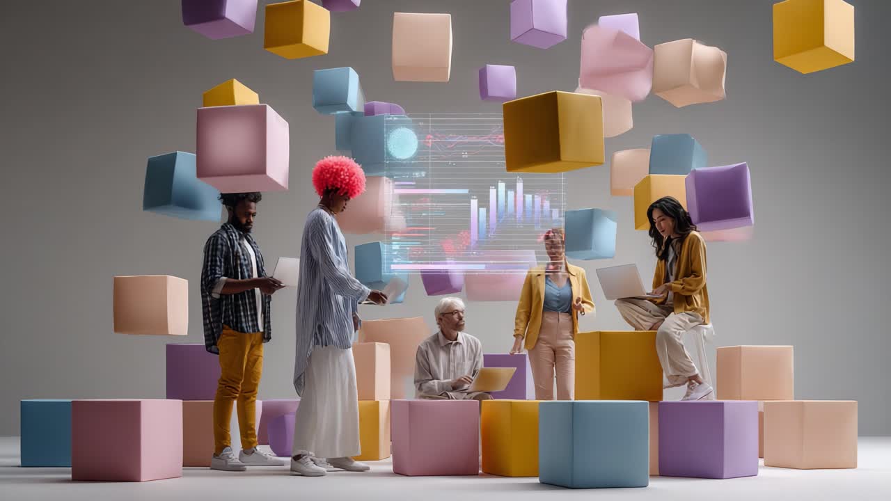 A Diverse Group Collaborates in a Creative Digital Space Surrounded by Colorful Floating Cubes, Engaging with Data Visualizations and Technology for Innovative Solutions