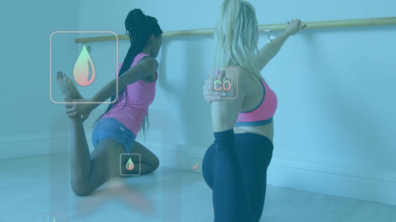 Workout partners gripping barre stretching quadriceps, activating fitness icons grouping and fading