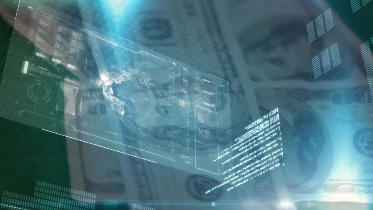 Animation of data processing over american dollar banknotes and casino playing chips