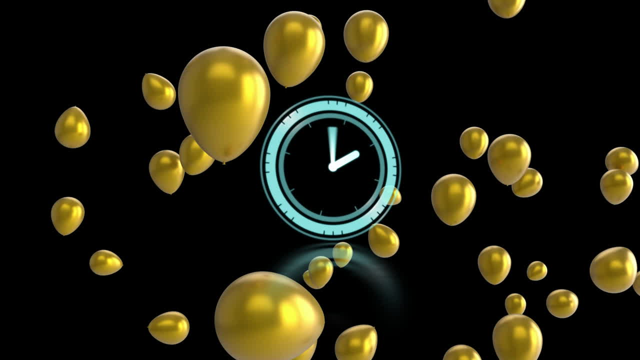 Golden balloons floating with digital clock animation overlay on black background