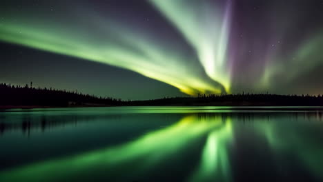 northern lights reflecting on a lake with a treeline