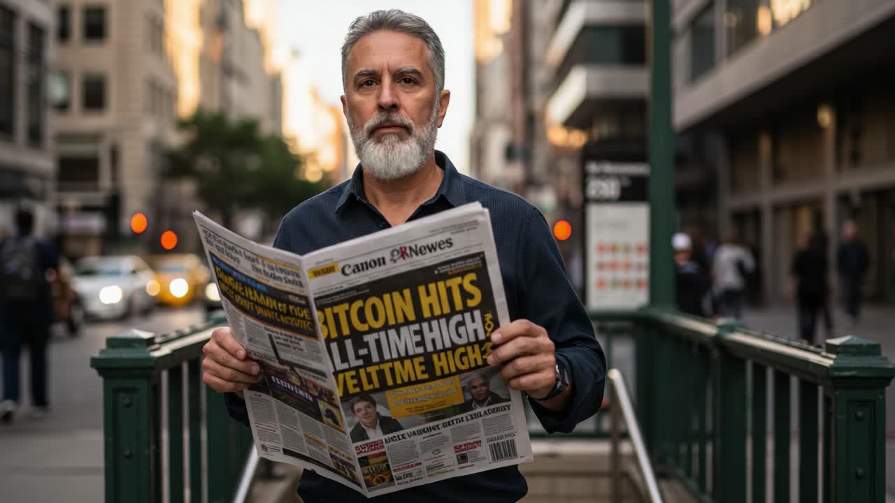 Man Holding Newspaper About Bitcoin's All-Time High: A Reflection on Market Trends and Financial News in Urban Setting