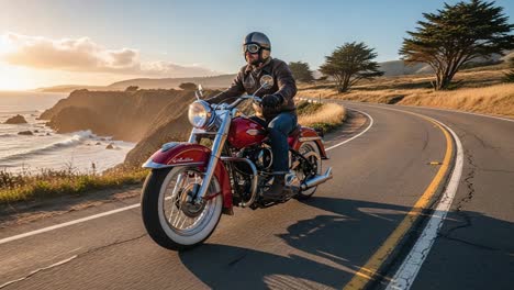 Riding into the Sunset: A Vintage Motorcycle Journey Along the Coastal Highway, Embracing Freedom and Adventure in the Open Road Experience