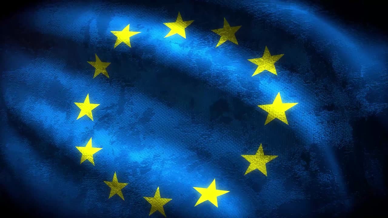60FPS heavy dark grunge European Union flag  with aged vintage texture waving, UHD 4k 3d seamless looping video