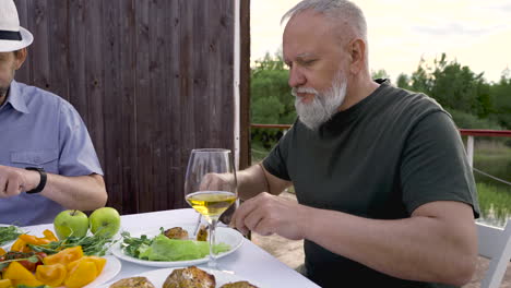 a couple of senior friends having dinner outdoors