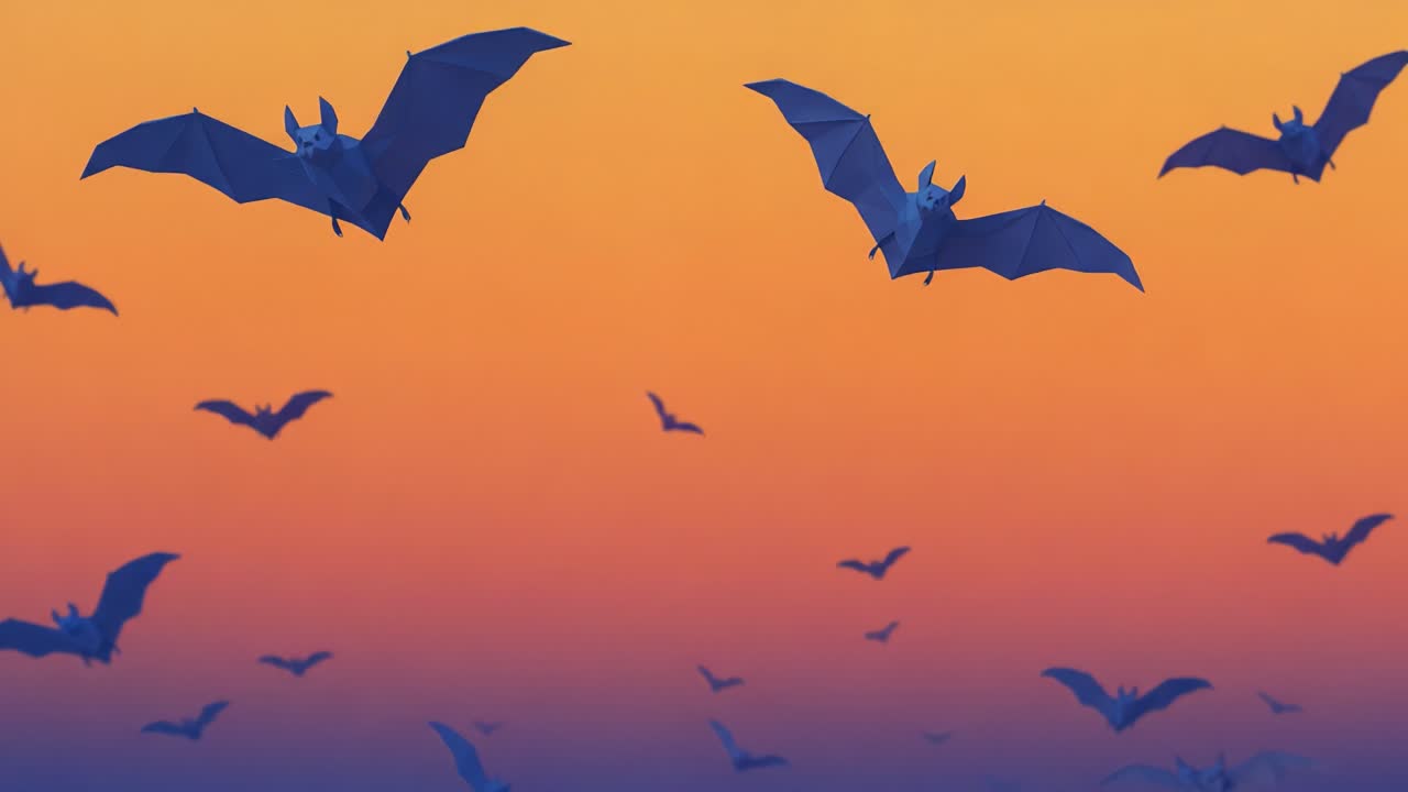 A Stunning Display of Bats in Flight Against a Vibrant Sunset Sky, Capturing the Majesty of Nature's Creatures in Their Element as Day Transitions to Night