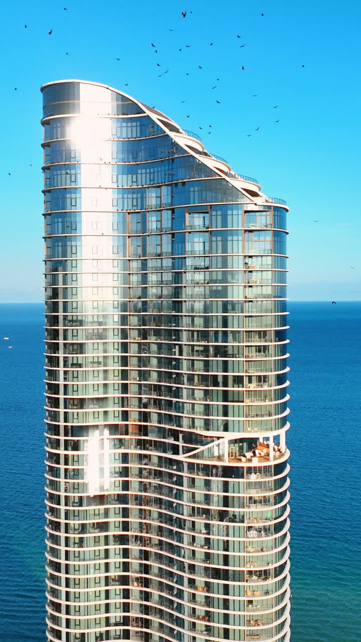 Facciata di grattacielo in vetro curvo con numerosi uccelli che volano intorno ai piani superiori contro un cielo azzurro limpido. Moderno grattacielo architettonico. Hotel a Sunny Isles Beach. Video verticale.