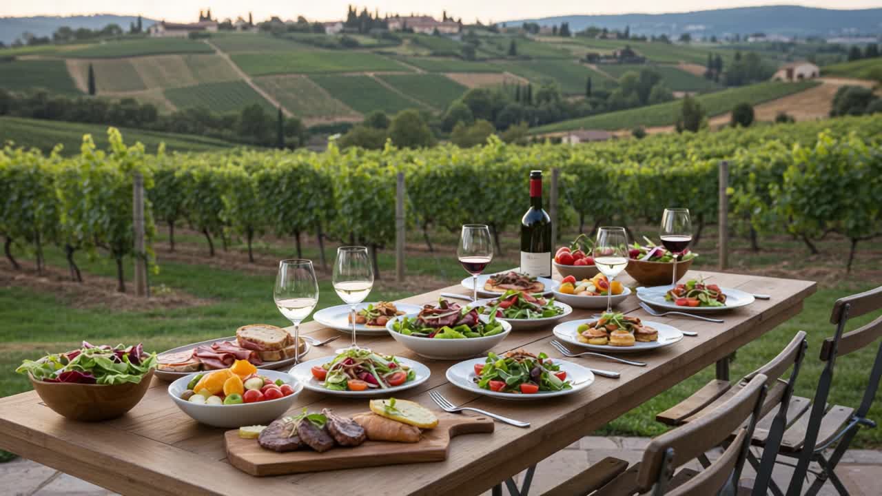 A Scenic Culinary Experience: Vibrant Seasonal Dishes Accompanied by Fine Wine Amidst Breathtaking Vineyard Landscapes