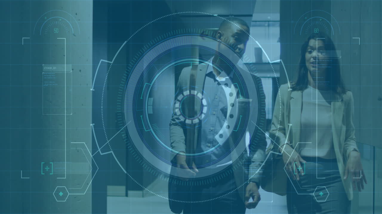 Futuristic digital interface animation over two people walking in modern office