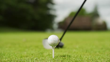 golfer placing a golf ball on a tee at a golf course