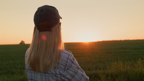 Vista-Trasera-De-Una-Mujer-Admirando-El-Amanecer-Sobre-Un-Campo-De-Trigo