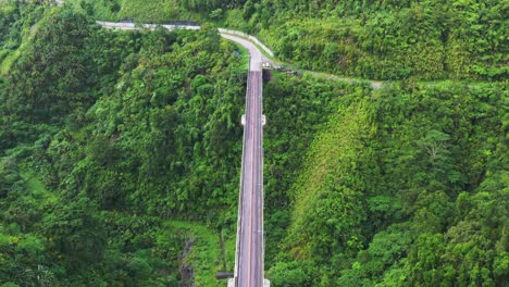 Malerischer-Blick-Auf-Die-Agas-agas-brücke,-Die-Auf-Bergen-Mit-Dicht-Wachsenden-Pflanzen-Und-Bäumen-In-Sogod,-South-Leyte,-Philippinen-Gebaut-Wurde---Vertikale-Aufnahme-Der-Luftdrohne