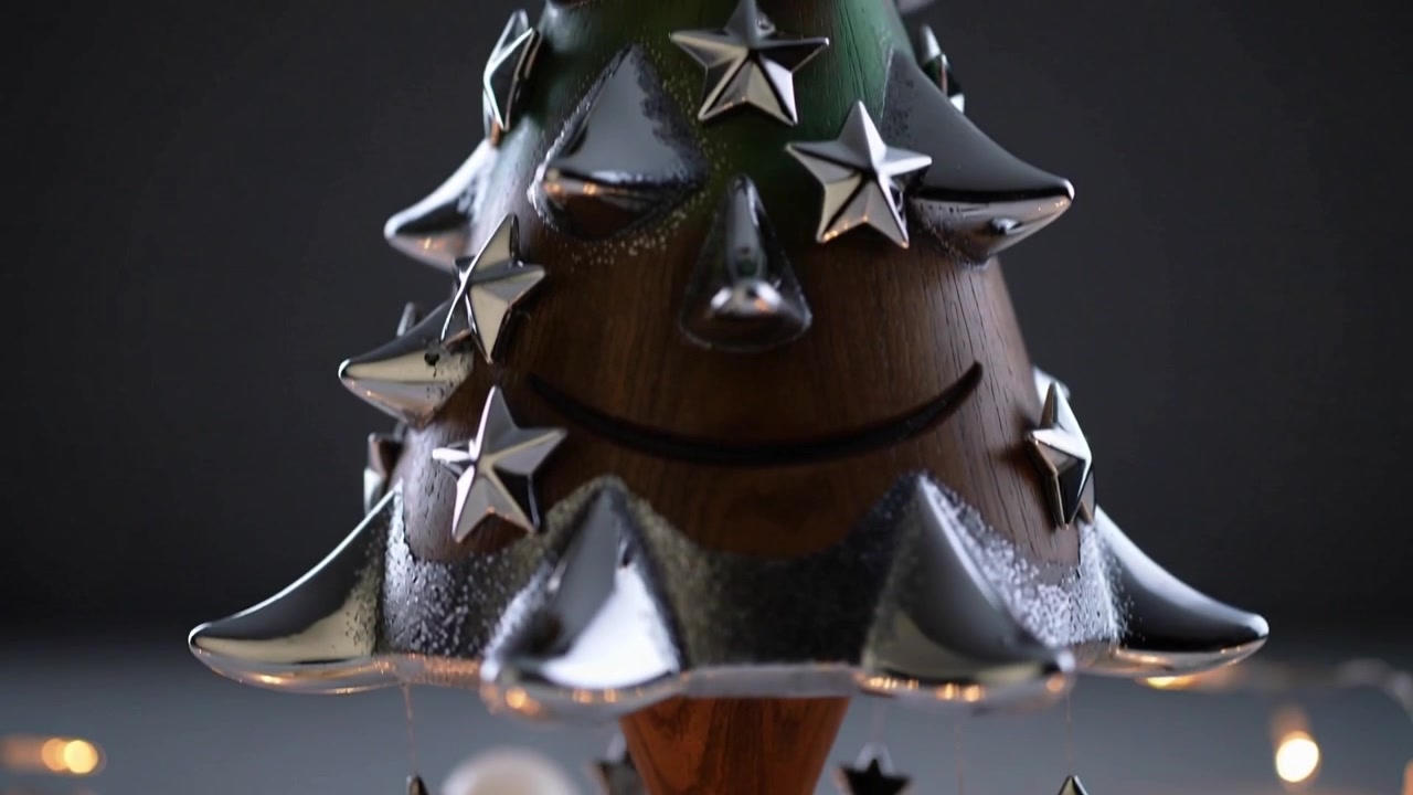Panning camera lifting upward from low closeup on table, showing full wooden tiers and silver stars