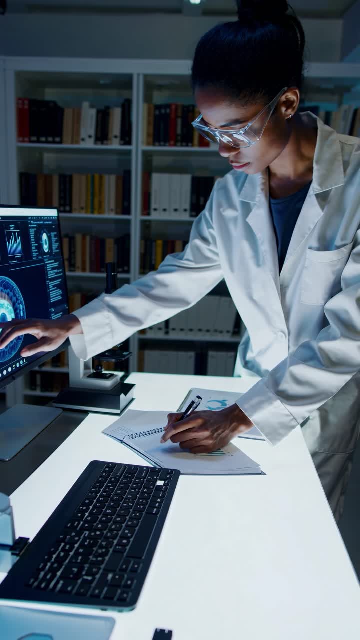 A thoughtful scientist in a lab coat analyzes data on a computer screen