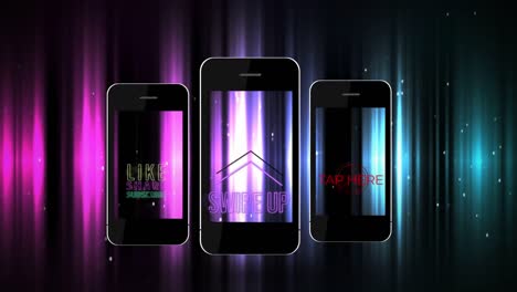 Animation-of-three-smartphone-screens-displaying-words-Swipe-up,-Touch-Here-and-Like-