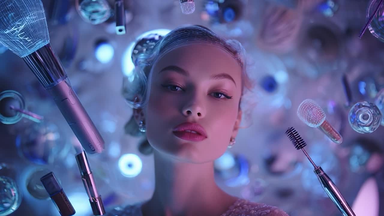 Model poses amid beauty tools in artistic display of glamour