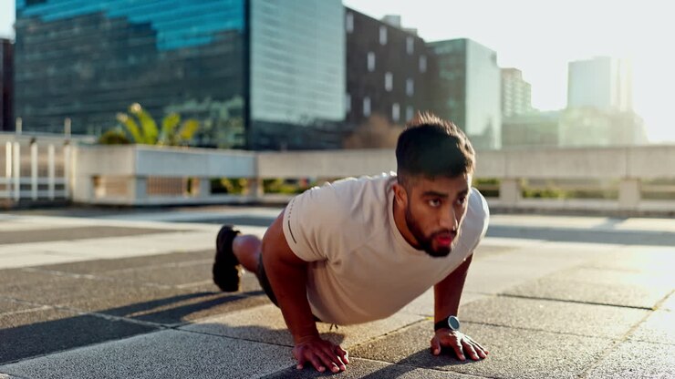 Fitness, rooftop and man on the floor