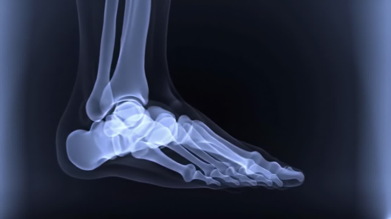 An x-ray displays the intricate bones and joints of a human foot, highlighting the structure and alignment. This can assist in diagnosing injuries or conditions affecting mobility.