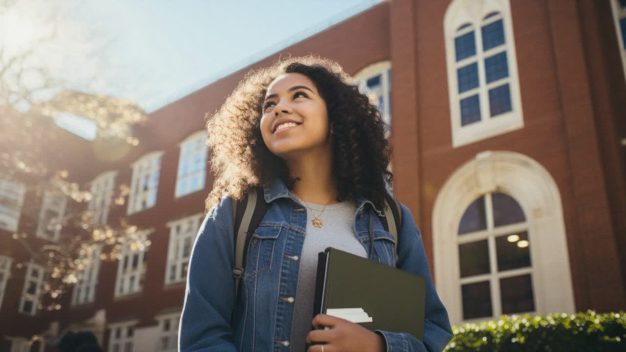 Un giovane studente cammina sicuro di sé nel campus, prefigurando un futuro brillante