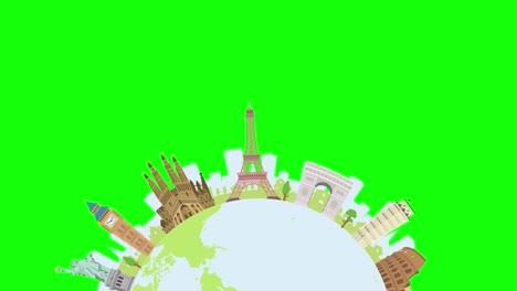 travel, vacation, sightseeing animation banner (4k) . world heritage and world famous buildings. green background for background transparent use.