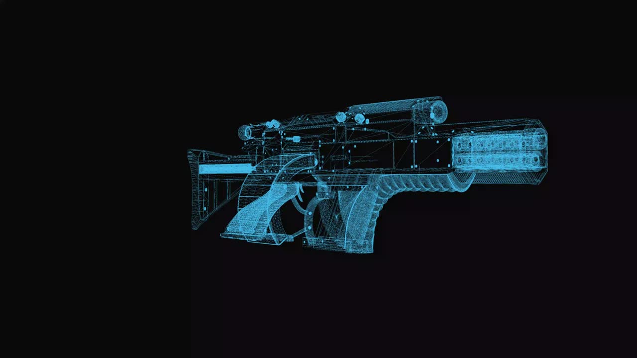 Futuristic submachine gun wireframe scheme. 3d render with blue grid lines. Loop rotation on black background.