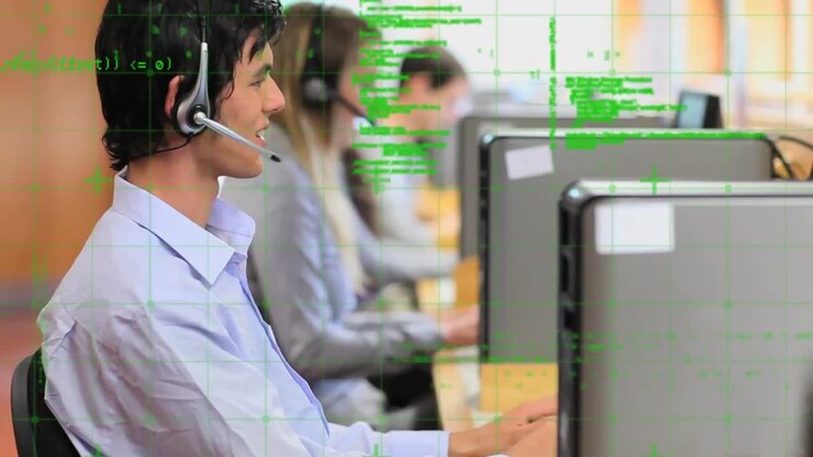 Animation of financial data processing over people wearing phone headsets