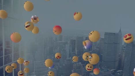 Animación-De-Múltiples-Emojis-En-3D-Sobre-El-Paisaje-Urbano-Moderno-Contra-El-Cielo.