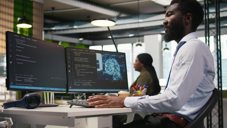 Technician Using Mockup Laptop Next To Office Coworkers Developing Applications