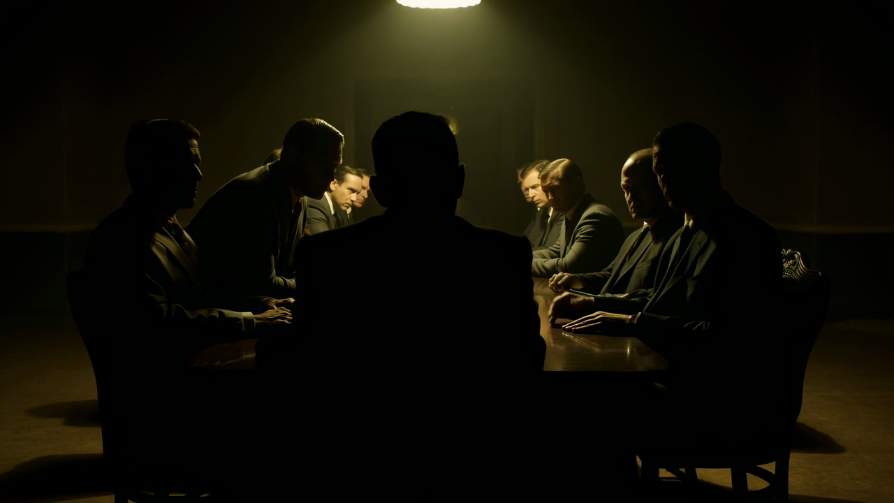 Serious Men in Suits Hold a Secret Meeting in a Dark Room
