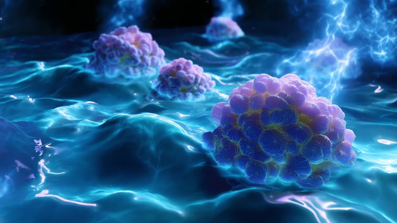 A mesmerizing visual representation of microscopic cellular structures floating in an iridescent liquid medium, showcasing intricate details and dynamic lighting effects that immerse viewers in a world beyond the visible