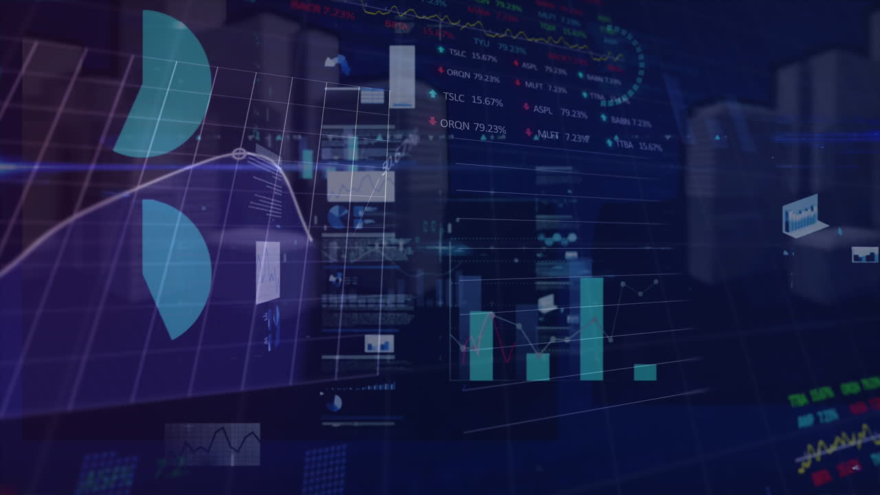 Animation of statistical and stock market data processing against blue background