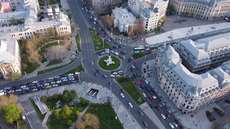 aerial top view, boulevard roundabout traffic and buildings, bucharest