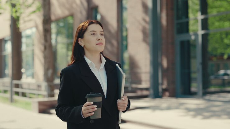 Businesswoman Walking Outdoors with Laptop and Coffee