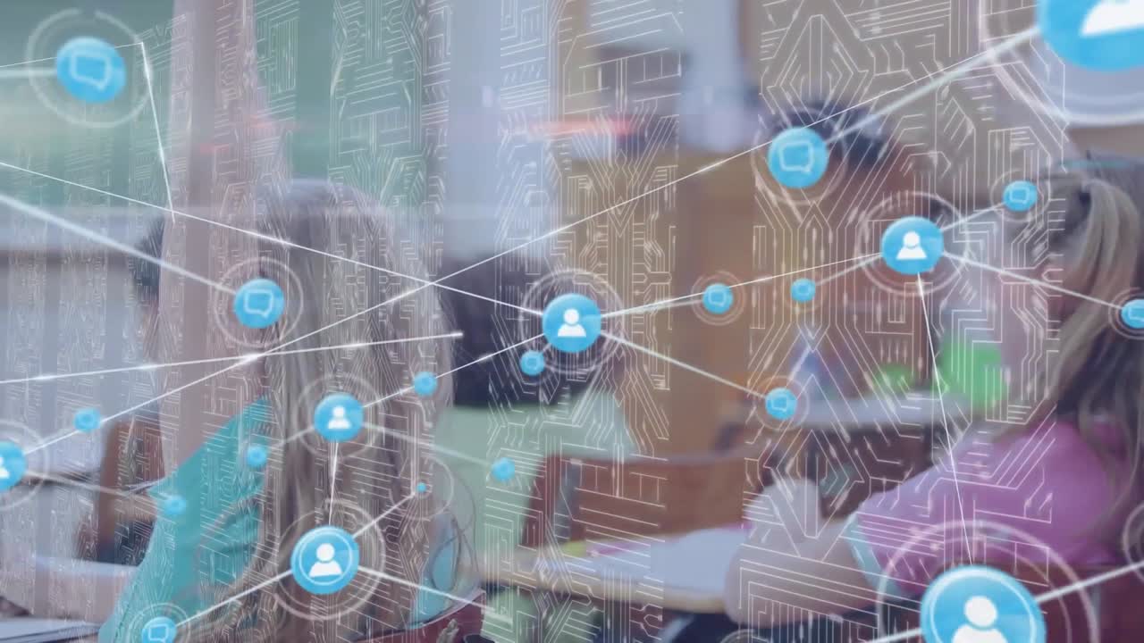 배경에 소셜 미디어 표지판을 통해 교실에 있는 아이들의 애니메이션