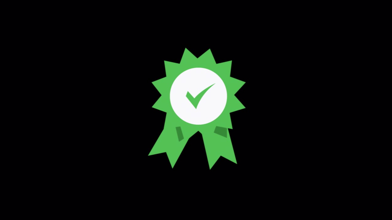 Animated Green Award Ribbon with Checkmark on Black Background