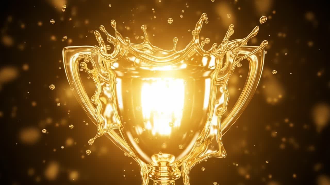 Radiant Trophy Shining Brightly Amidst Sparkling Water Droplets and a Golden Background, Symbolizing Victory and Achievement