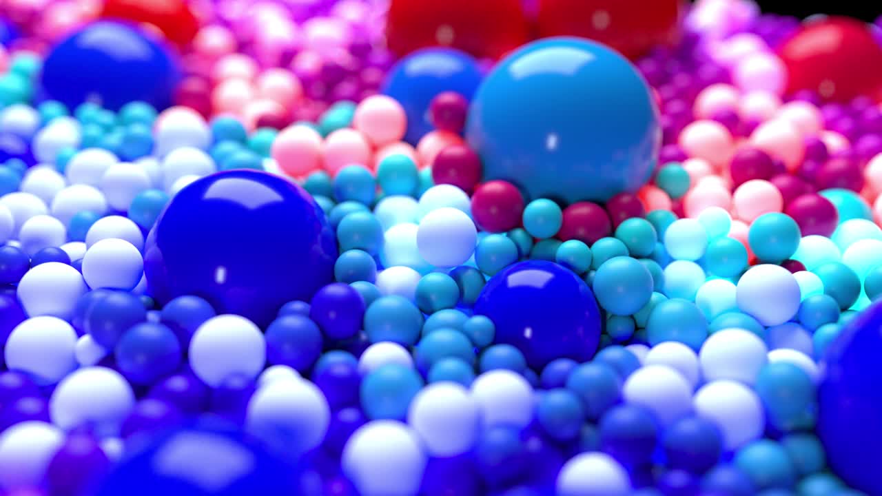 composición de luz con bolas coloridas que cubren la superficie, algunas de las cuales brillan. 3d en 4k fondo abstracto con animación fluida de esferas con profundidad de campo
