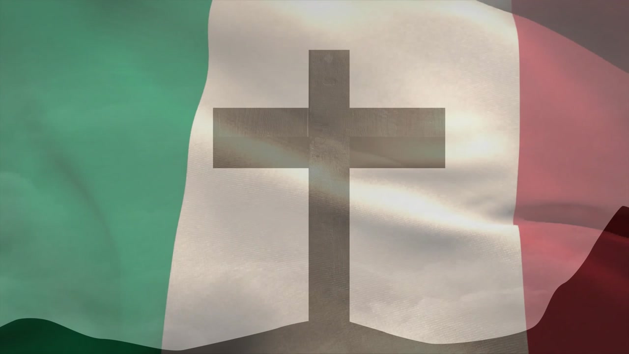 Shifting breezes driving Italian flag waving behind fixed Christian cross conveying sacred faith