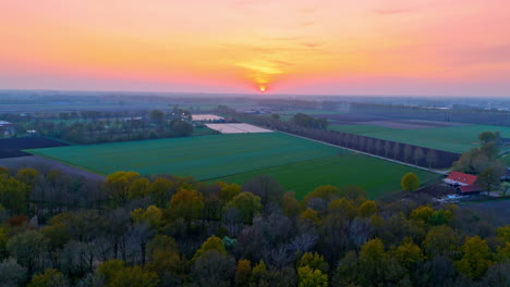 spring sunset in dutch fields. the sun sets over the vibrant green fields and forested areas of the netherlands, showcasing nature's colors