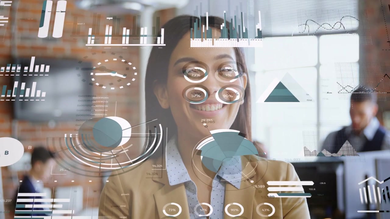 Office professional reacting to business data, pie charts and gauges sliding in, smiling at gains