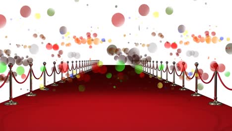 Animation-of-multicoloured-dots-over-red-carpet-and-white-background