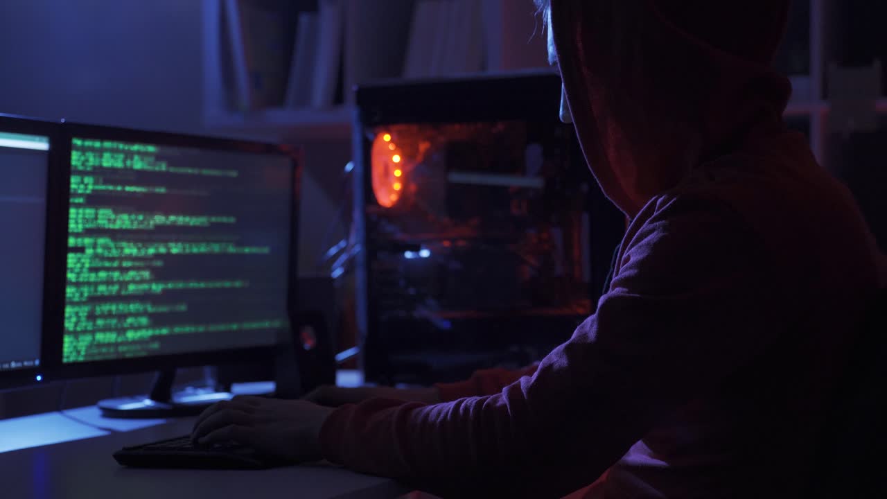 Unrecognizable man hacker wearing hoodie typing title on computer keyboard and cracking password.