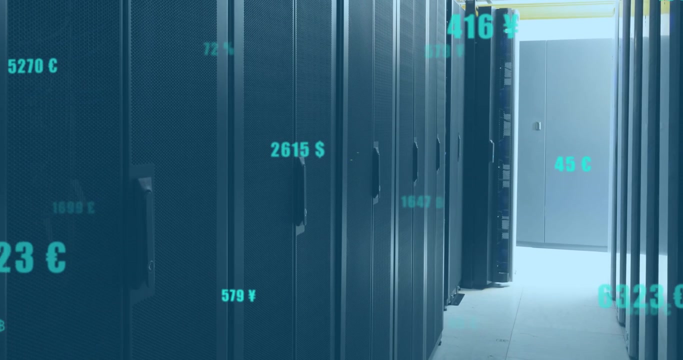 Animation of changing numbers and currency symbols over data server room