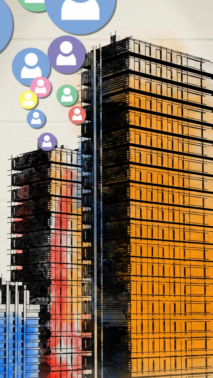 Animação de vários ícones coloridos de mídias sociais digitais voando sobre uma paisagem urbana.
